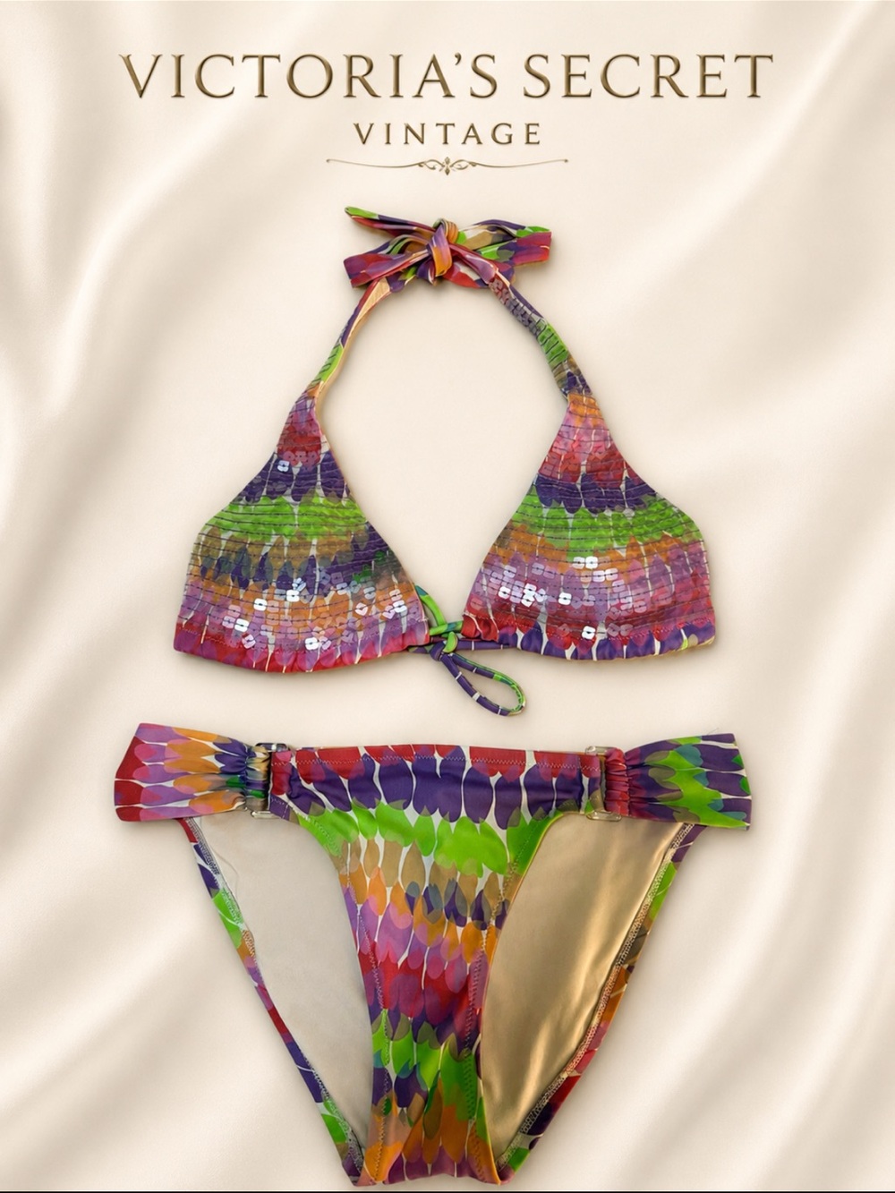 Vintage Y2K Victoria’s Secret Bikini Set Multicolor Sequin Tie Dye Halter S / M